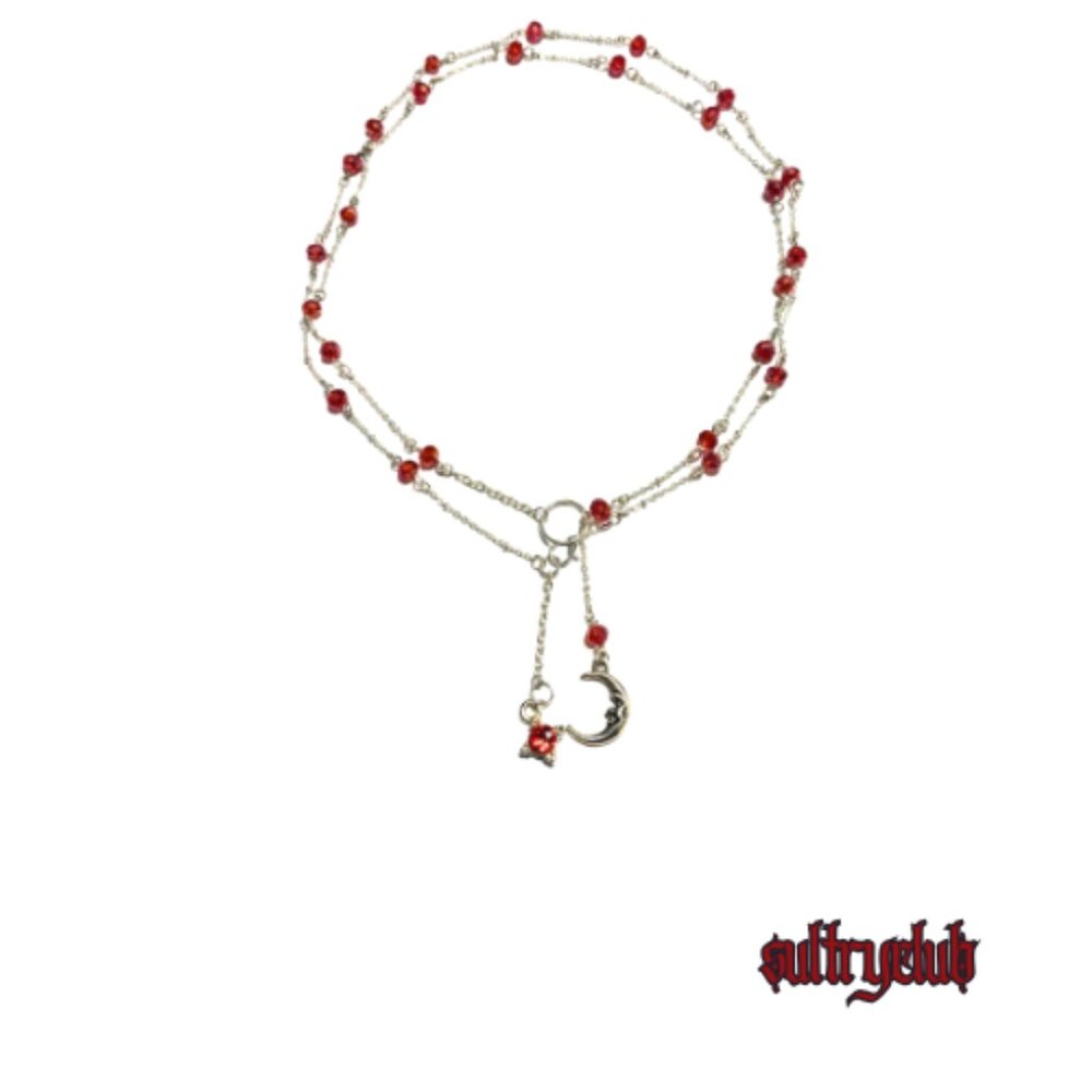 Red Crystal Beaded Wrap O Ring Lariat Discreet Choker Necklace